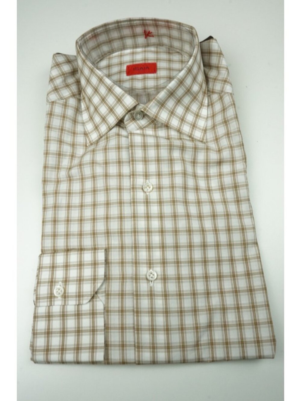 Isaia Caramel White Plaid Long Sleeve Cotton Dress Shirt 15.5/39 NEW